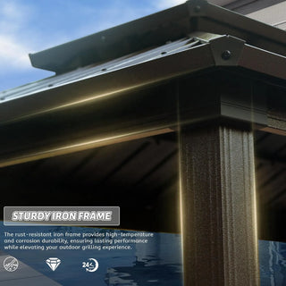 Hardtop Grill Outdoor BBQ Gazebo with 2 Side Shelves and Sloping Galvanized Steel Roof, Metal Permanent Grill Canopy with Ceiling Hooks