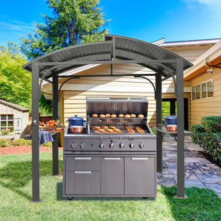 Hardtop Grill Outdoor BBQ Gazebo with 2 Side Shelves and Sloping Galvanized Steel Roof, Metal Permanent Grill Canopy with Ceiling Hooks