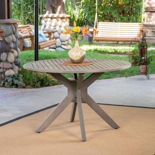 Gray Round Acacia Wood Dining Outdoor Patio Table with X-Base