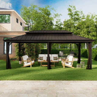 12x20 FT Double Roof Aluminum Gazebo with Netting – Hard Top Patio Shelter