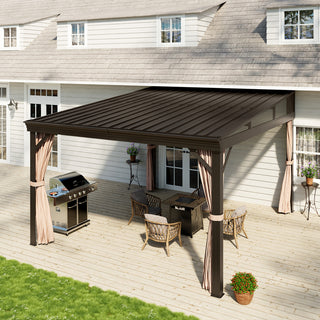 VineLull Outdoor Wall-Mounted Hardtop Pergora with Curtains and Netting