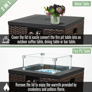 22" Propane Gas Fire Pit Table, 50000 BTU Square Steel Fire Pit with Beautiful Wicker Base for Outside Patio Deck Garden Backyard-Black