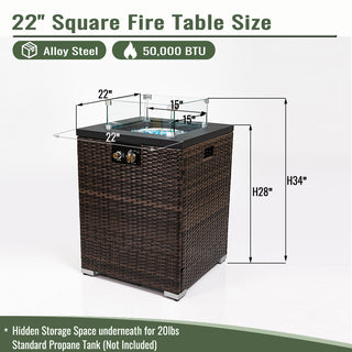 22" Propane Gas Fire Pit Table, 50000 BTU Square Steel Fire Pit with Beautiful Wicker Base for Outside Patio Deck Garden Backyard-Black