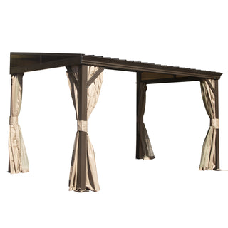 Hardtop Wall Mounted Gazebo with Sloping Galvanized Steel Roof, Aluminum Frame, Drainage System, Curtains and Netting, for Patio, Deck, Garden, Backyard