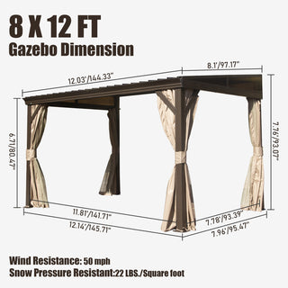 Hardtop Wall Mounted Gazebo with Sloping Galvanized Steel Roof, Aluminum Frame, Drainage System, Curtains and Netting, for Patio, Deck, Garden, Backyard