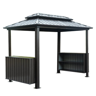 Hardtop Grill Outdoor BBQ Gazebo with 2 Side Shelves and Sloping Galvanized Steel Roof, Metal Permanent Grill Canopy with Ceiling Hooks