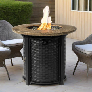 30" Propane Gas Fire Pit Table, 50000 BTU Round Steel Fire Pit with Imitation Wood Grain Finish for Outside Patio Deck Garden Backyard- Black