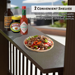 Hardtop Grill Outdoor BBQ Gazebo with 2 Side Shelves and Sloping Galvanized Steel Roof, Metal Permanent Grill Canopy with Ceiling Hooks