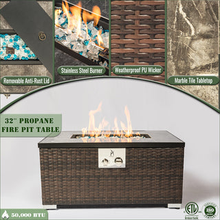 32" Propane Gas Fire Pit Table, 50000 BTU Rectangular Fire Pit, Tile Tabletop with Beautiful Wicker Base for Outside Patio Deck Garden Courtyard-Brown