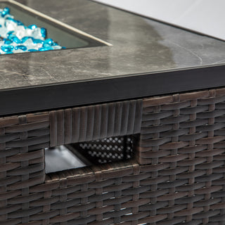 32" Propane Gas Fire Pit Table, 50000 BTU Rectangular Fire Pit, Tile Tabletop with Beautiful Wicker Base for Outside Patio Deck Garden Courtyard-Brown