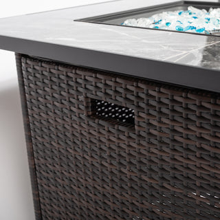 30" Propane Gas Fire Pit Table, 50000 BTU Square Fire Pit, Tile Tabletop with Beautiful Wicker Base for Outside Patio Deck Garden Courtyard-Brown