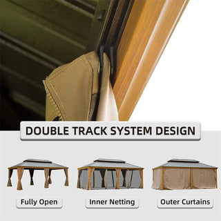 Aetherdome Wood-Looking Aluminum Pavilion Hardtop Gazebo with Galvanized Steel Double Roof, Curtains & Netting