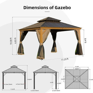 Aetherdome Wood-Looking Aluminum Pavilion Hardtop Gazebo with Galvanized Steel Double Roof, Curtains & Netting