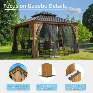 Aetherdome Wood-Looking Aluminum Pavilion Hardtop Gazebo with Galvanized Steel Double Roof, Curtains & Netting