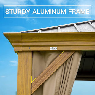 Aetherdome Wood-Looking Aluminum Pavilion Hardtop Gazebo with Galvanized Steel Double Roof, Curtains & Netting
