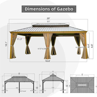 Aetherdome Wood-Looking Aluminum Pavilion Hardtop Gazebo with Galvanized Steel Double Roof, Curtains & Netting