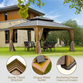 Aetherdome Wood-Looking Aluminum Pavilion Hardtop Gazebo with Galvanized Steel Double Roof, Curtains & Netting