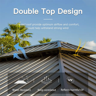 Aetherdome Wood-Looking Aluminum Pavilion Hardtop Gazebo with Galvanized Steel Double Roof, Curtains & Netting