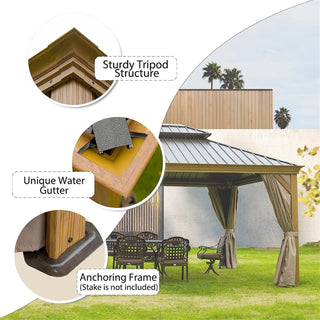 Aetherdome Wood-Looking Aluminum Pavilion Hardtop Gazebo with Galvanized Steel Double Roof, Curtains & Netting