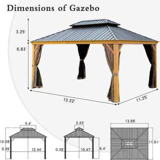 Aetherdome Wood-Looking Aluminum Pavilion Hardtop Gazebo with Galvanized Steel Double Roof, Curtains & Netting