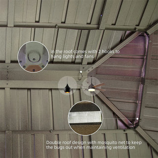 Aetherdome Wood-Looking Aluminum Pavilion Hardtop Gazebo with Galvanized Steel Double Roof, Curtains & Netting