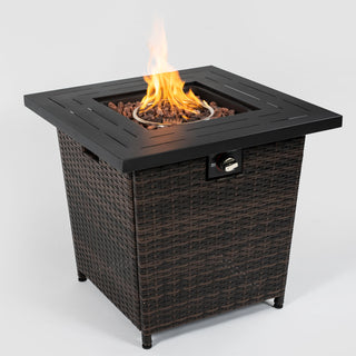 28" Propane Gas Fire Pit Table, 50000 BTU Square Steel Fire Pit with Beautiful Wicker Base for Outside Patio Deck Garden Backyard-Black