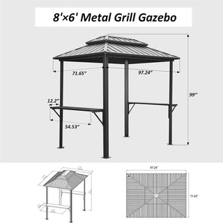 Hardtop Grill Outdoor BBQ Gazebo with 2 Side Shelves and Sloping Galvanized Steel Roof, Metal Permanent Grill Canopy with Ceiling Hooks