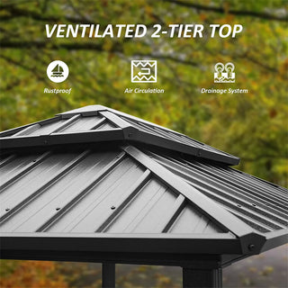 Hardtop Grill Outdoor BBQ Gazebo with 2 Side Shelves and Sloping Galvanized Steel Roof, Metal Permanent Grill Canopy with Ceiling Hooks