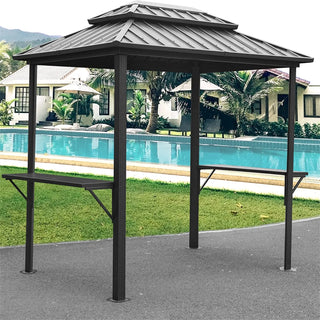 Hardtop Grill Outdoor BBQ Gazebo with 2 Side Shelves and Sloping Galvanized Steel Roof, Metal Permanent Grill Canopy with Ceiling Hooks