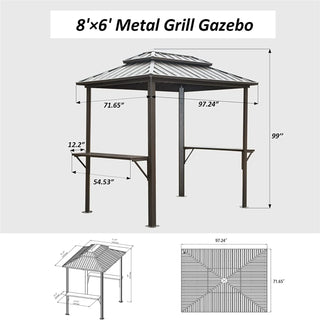 Hardtop Grill Outdoor BBQ Gazebo with 2 Side Shelves and Sloping Galvanized Steel Roof, Metal Permanent Grill Canopy with Ceiling Hooks