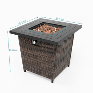 28" Propane Gas Fire Pit Table, 50000 BTU Square Steel Fire Pit with Beautiful Wicker Base for Outside Patio Deck Garden Backyard-Black
