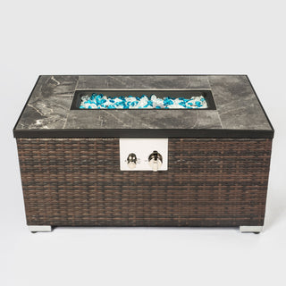 32" Propane Gas Fire Pit Table, 50000 BTU Rectangular Fire Pit, Tile Tabletop with Beautiful Wicker Base for Outside Patio Deck Garden Courtyard-Brown