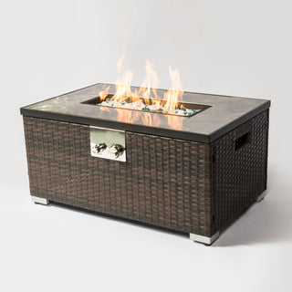 32" Propane Gas Fire Pit Table, 50000 BTU Rectangular Fire Pit, Tile Tabletop with Beautiful Wicker Base for Outside Patio Deck Garden Courtyard-Brown