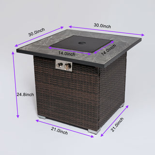30" Propane Gas Fire Pit Table, 50000 BTU Square Fire Pit, Tile Tabletop with Beautiful Wicker Base for Outside Patio Deck Garden Courtyard-Brown