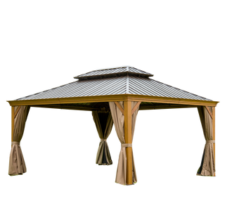 Aetherdome Wood-Looking Aluminum Pavilion Hardtop Gazebo with Galvanized Steel Double Roof, Curtains & Netting