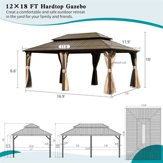 Aetherdome 12x18 FT Aluminum Hardtop Gazebo with Double Roof, Curtains & Netting