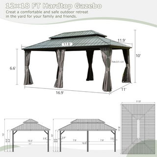 Aetherdome 12x18 FT Aluminum Hardtop Gazebo with Double Roof, Curtains & Netting
