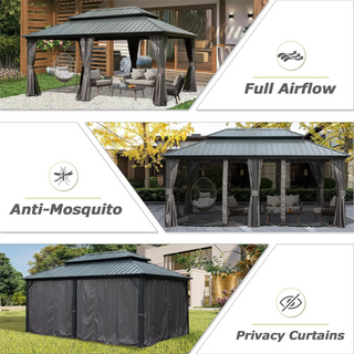 Aetherdome 12x18 FT Aluminum Hardtop Gazebo with Double Roof, Curtains & Netting