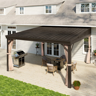 VineLull Outdoor Wall-Mounted Hardtop Pergora with Curtains and Netting