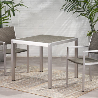 35 Inch Square Outdoor Dining Table – Anodized Aluminum Frame with Wicker Top in Silver & Gray