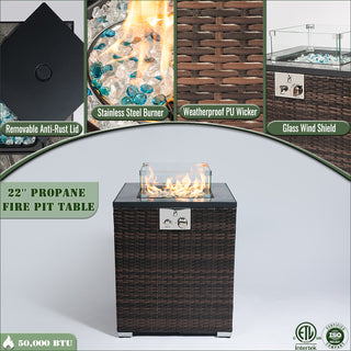 22" Propane Gas Fire Pit Table, 50000 BTU Square Steel Fire Pit with Beautiful Wicker Base for Outside Patio Deck Garden Backyard-Black