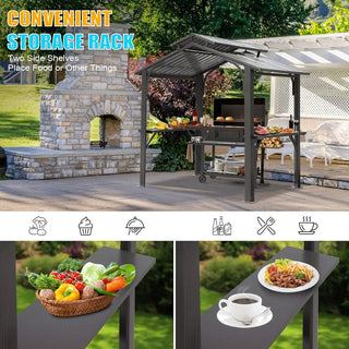 Hardtop Grill Outdoor BBQ Gazebo with 2 Side Shelves and Sloping Galvanized Steel Roof, Metal Permanent Grill Canopy with Ceiling Hooks