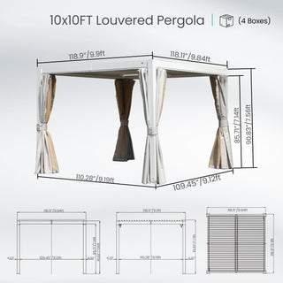 10x12/10x10 FT Outdoor Louvered Pergola with Adjustable Louvers-Brown/Gray/White