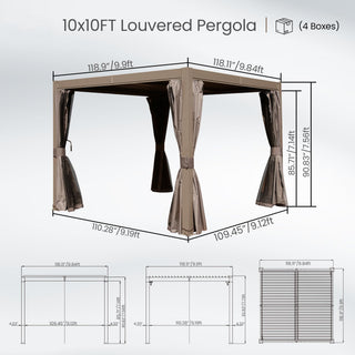 10x12/10x10 FT Outdoor Louvered Pergola with Adjustable Louvers-Brown/Gray/White
