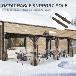 Hardtop Wall Mounted Gazebo with Sloping Galvanized Steel Roof, Aluminum Frame, Drainage System, Curtains and Netting, for Patio, Deck, Garden, Backyard