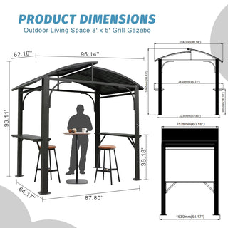 Hardtop Grill Outdoor BBQ Gazebo with 2 Side Shelves and Sloping Galvanized Steel Roof, Metal Permanent Grill Canopy with Ceiling Hooks