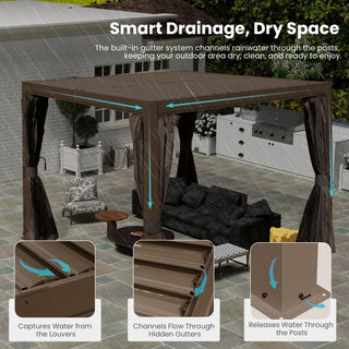 10x12/10x10 FT Outdoor Louvered Pergola with Adjustable Louvers-Brown/Gray/White