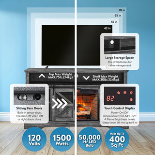 60 Inch Electric Fireplace Entertainment Center With Door Sensor-Dark Rustic Oak