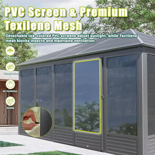 Solarium Aluminum Hardtop Gazebo with Galvanized Steel Roof, Movable PVC Screen Walls, Sliding Doors