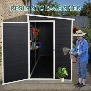 8x4 FT Outdoor Resin Garden Shed with Floor and 2 Windows, Plastic Patio Outdoor Storage Shed with Lockable Door for Garden Tools, Bicycles, Trash Cans, Black